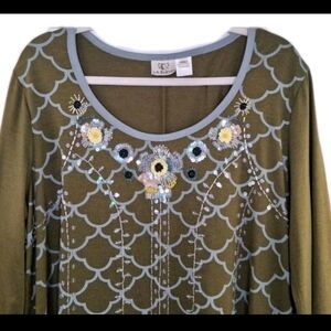 Embellished Beaded Olive Green Women's Tunic LA Blend Size XL Boho Festival